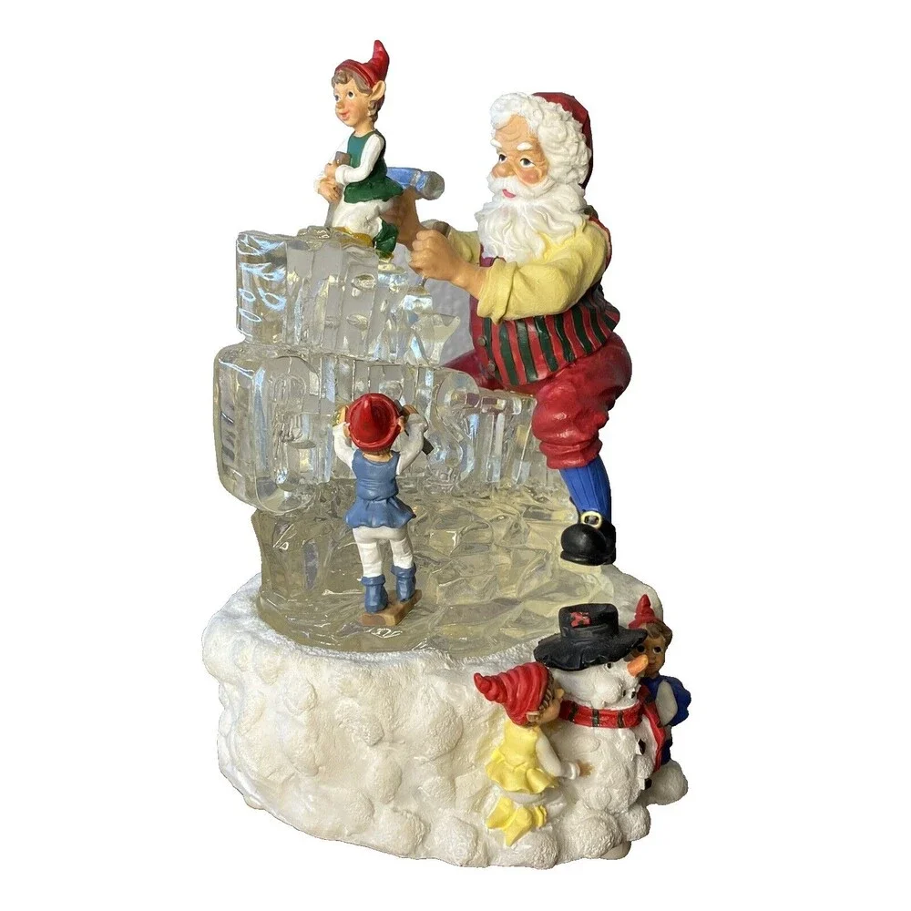 Vintage Santa Claus Elves Musical Lighted MERRY CHRISTMAS Ice Carving 7.5” Gift